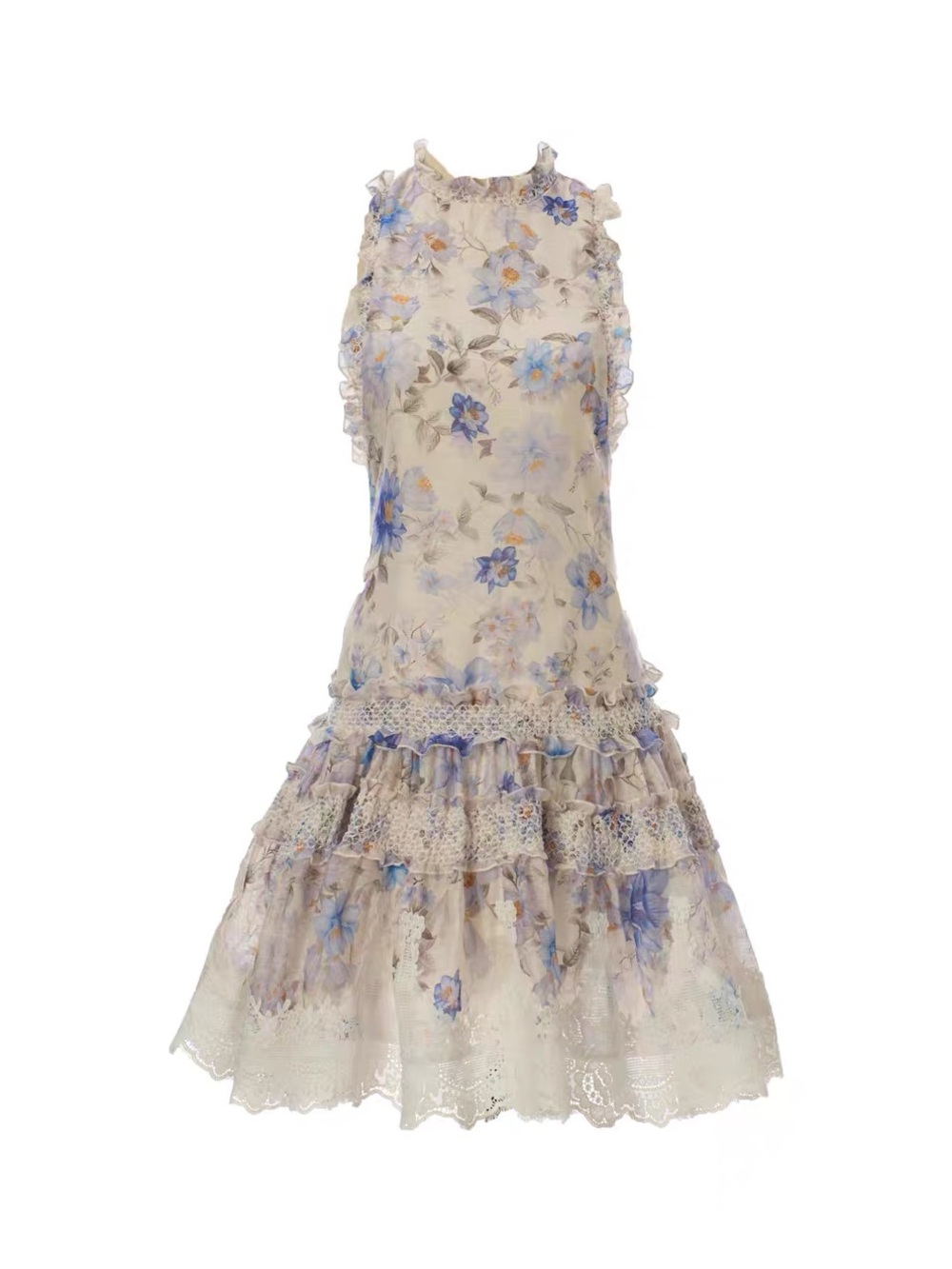 Designer-style Sleeveless Floral Ruffle Mini Dress in Ivory and Light Blue - Picture 12 of 12